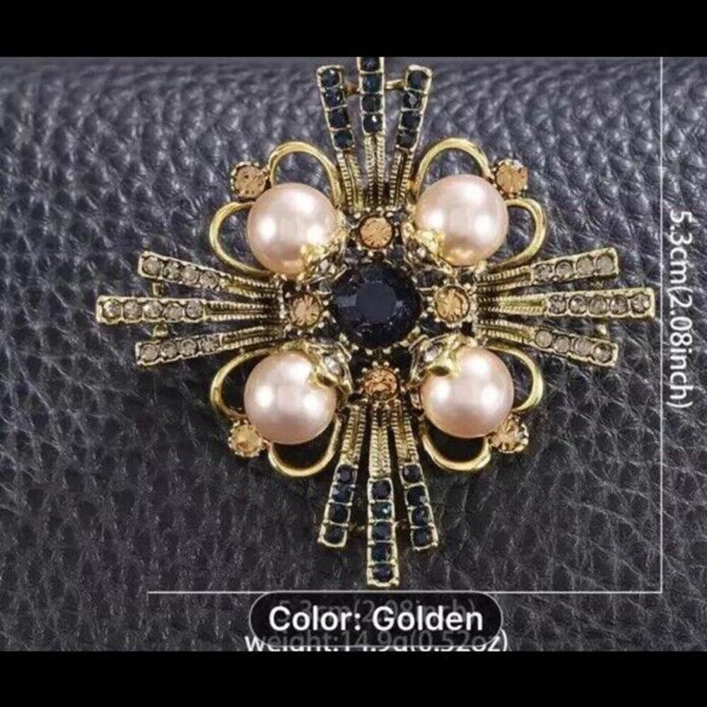 💎 Costume Rhinestone Pearl Gold Tone Fashion Brooch - Picture 5 of 6